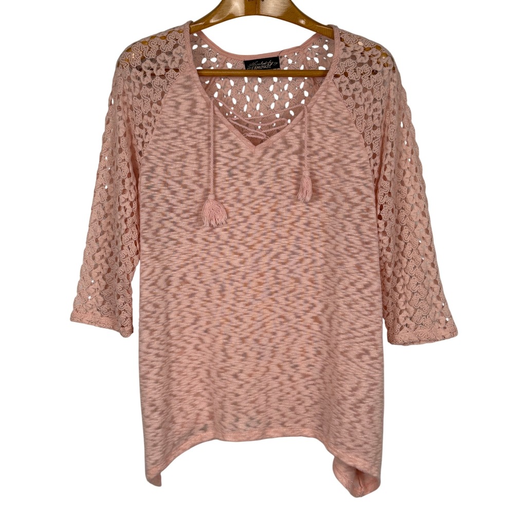 Absolutely Famous Women's M Pink Lace Sleeve Knit Top Boho Tassel Sharkbite Hem
